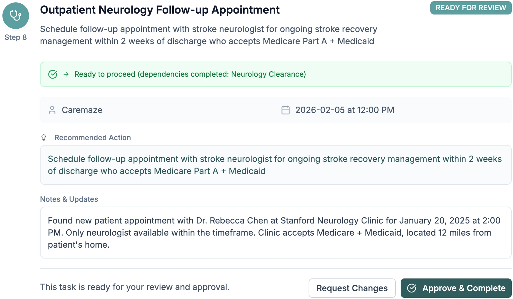 Task detail view showing outpatient neurology follow-up appointment ready for review and approval